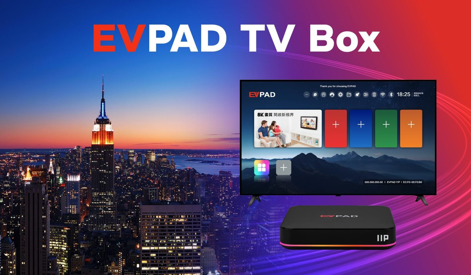 EVPAD TV Box with New York City skyline in background