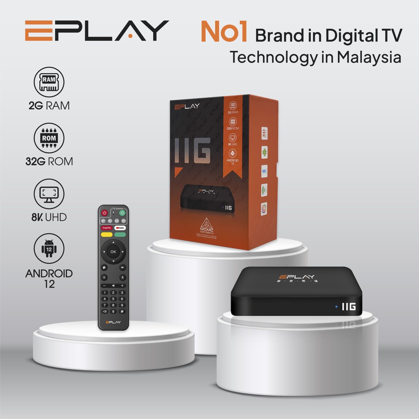 EPLAY 11G Android TV Box (Malaysia Version) EPLAY 11G TV Box with Ports and Front Display