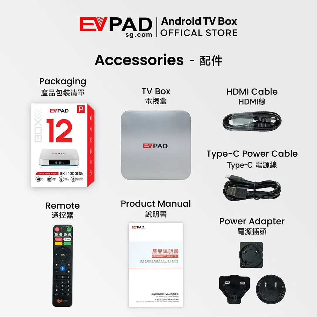 EVPAD 12P Android TVボックス(国際版) EVPAD 12P package contents including TV box, remote, cables, manual, and power adapter.