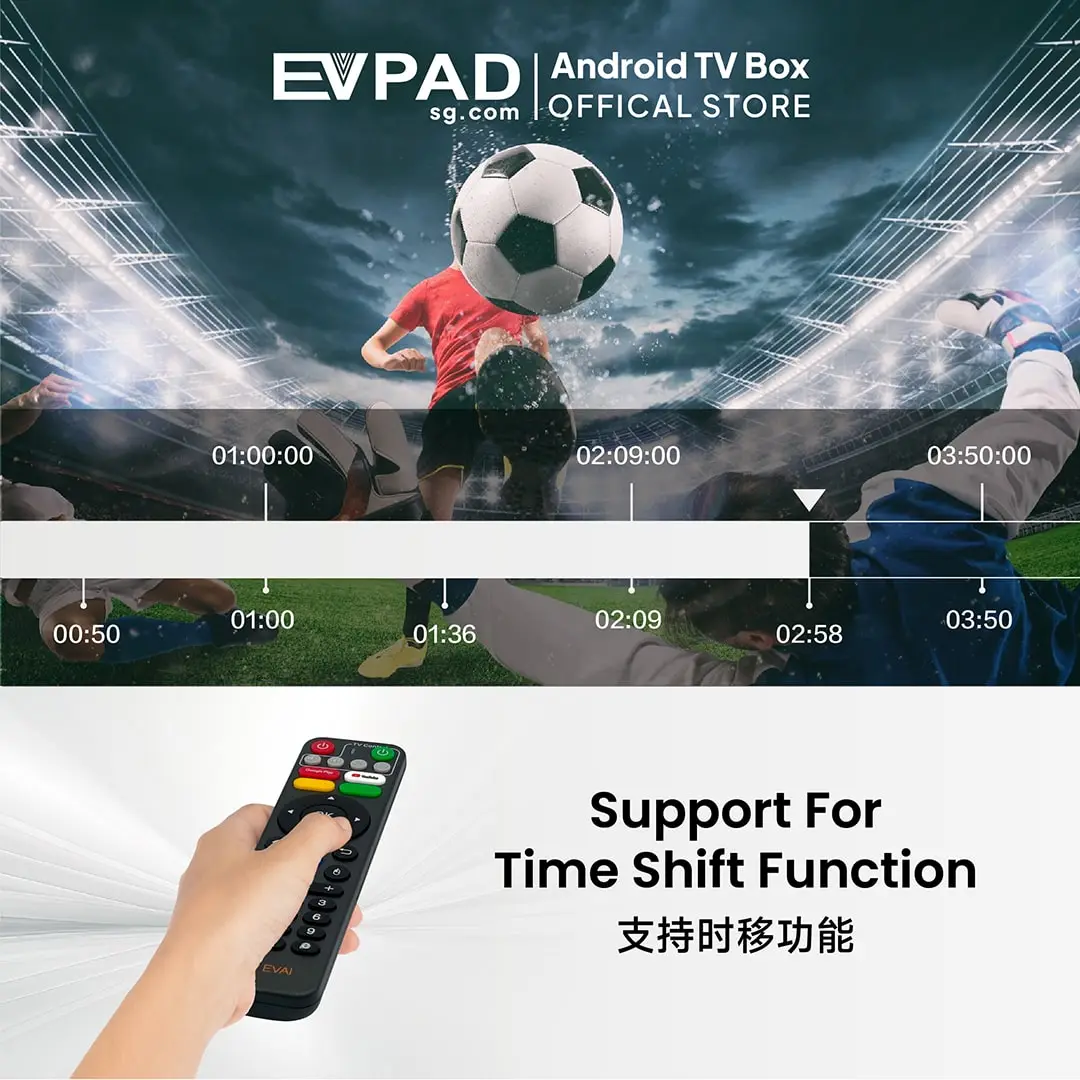 EVPAD 12S Android TV Box (International Version) EVPAD 12S supporting time shift function for playback control.