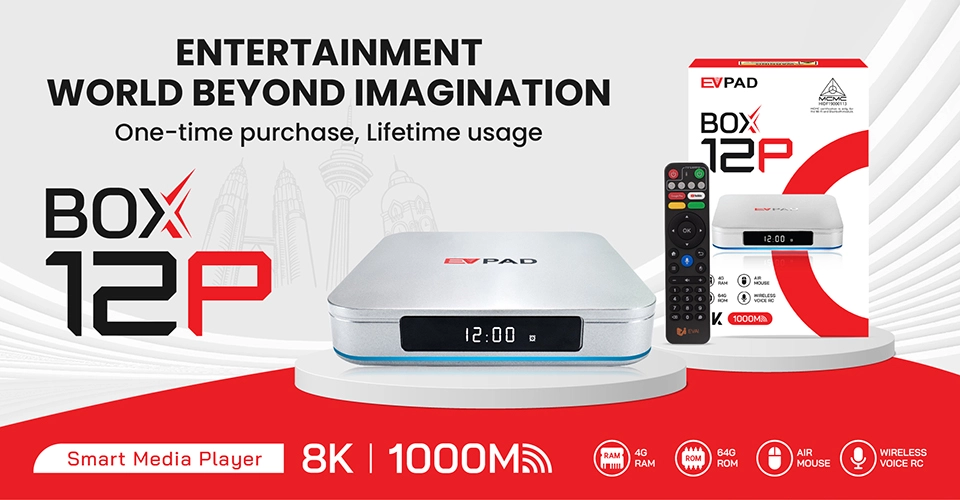 EVPAD 12P Android TV Box (Malaysia Version) EVPAD 12P Malaysia Version Android TV Box with retail packaging, voice remote, 8K streaming and 1000Mbps Ethernet support