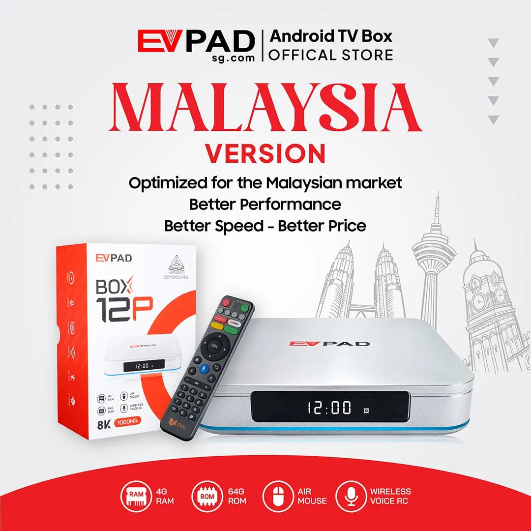 主页 - EVPAD TV BOX 官方商城 EVPAD 12P smart TV box Malaysia edition displayed with product design.
