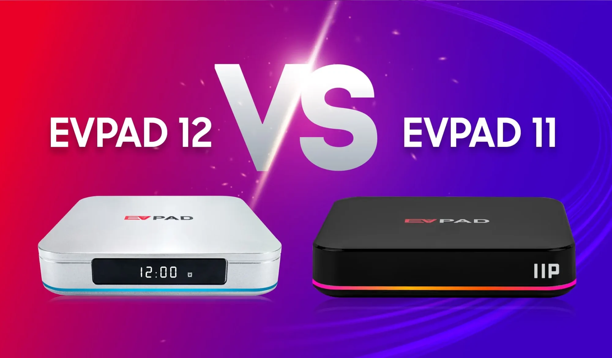 EVPAD 12 vs EVPAD 11 vs EVPAD 10: Full Comparison and Upgrade Guide EVPAD 12 vs EVPAD 11 comparison banner showing design differences between both TV box models.