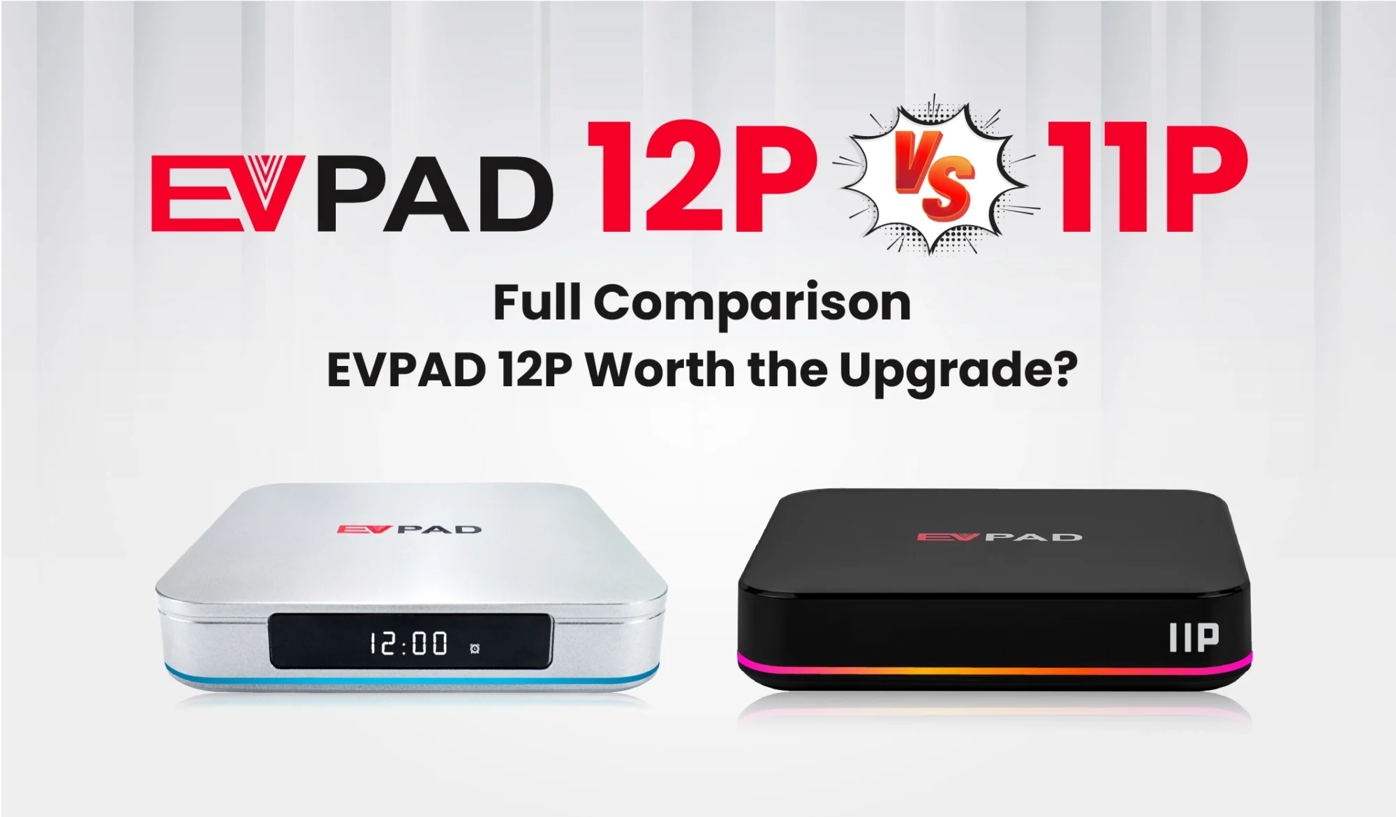EVPAD 12P vs EVPAD 11P: Should You Upgrade? Full Comparison Guide EVPAD 12P and EVPAD 11P comparison banner asking whether the EVPAD 12P upgrade is worth it.